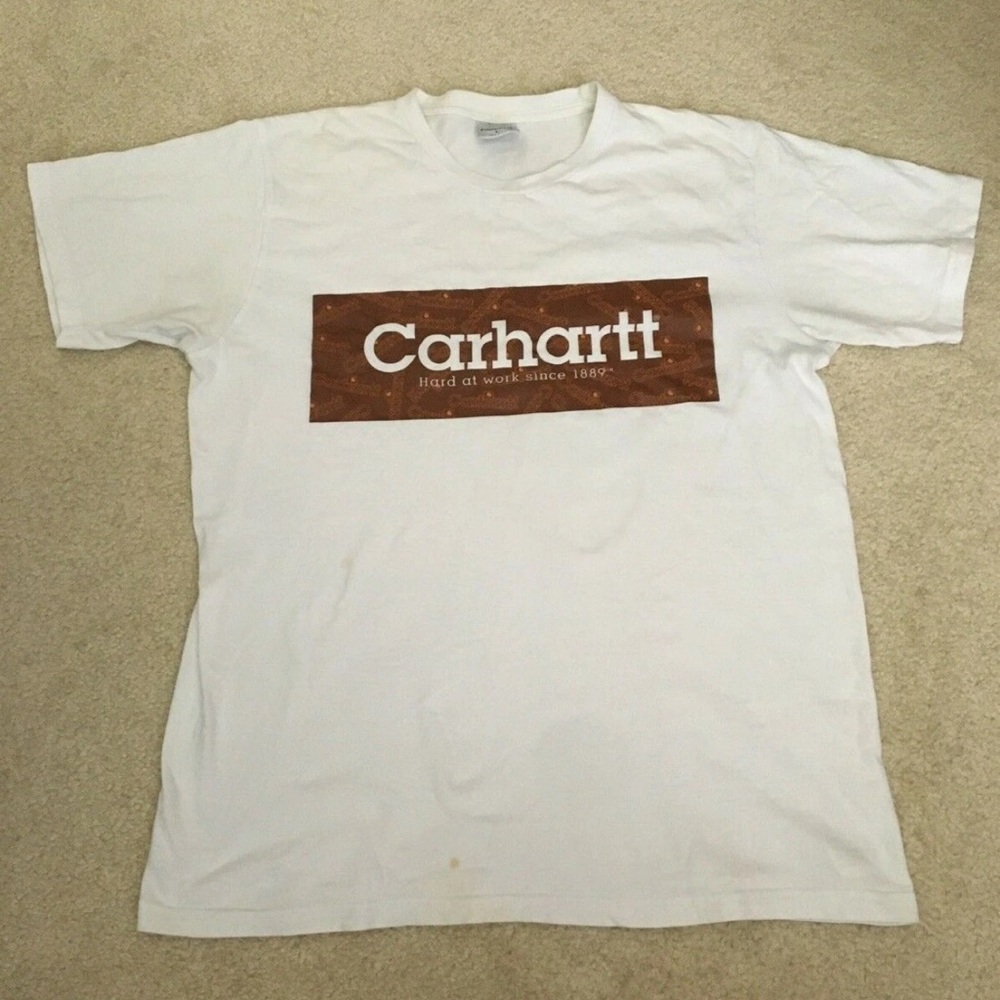 Carhartt White T-Shirt Short Sleeve Big Logo Hard At Work Since 1889 Mens Size L